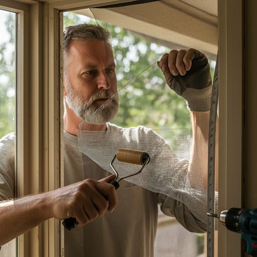 Homeowner using a spline roller to install new mesh during a window screen repair project.